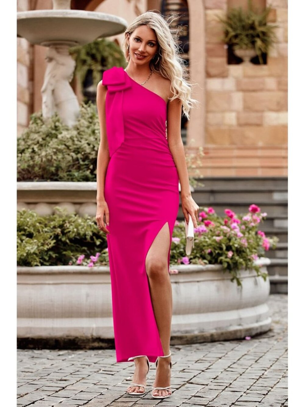 Women's Rose Red Summer One Shoulder Long Formal Dress Ruched Bodycon Maxi - Picture 6 of 6